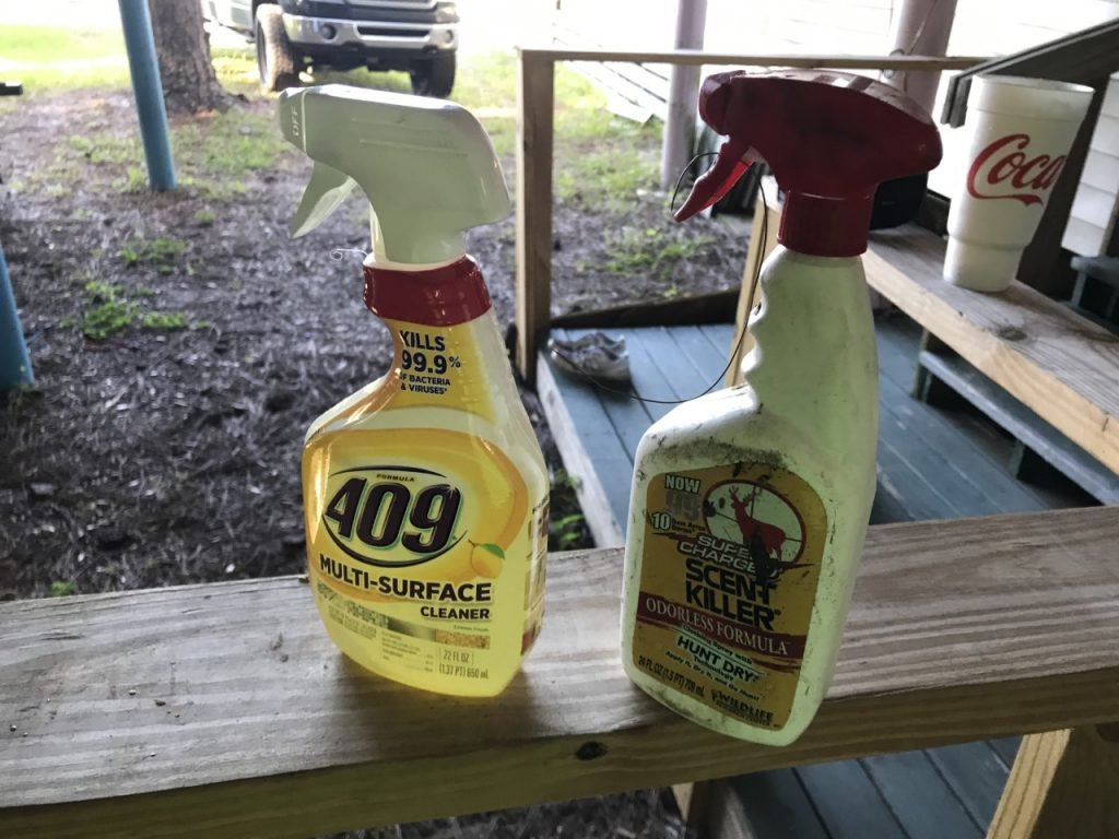 Compares a bottle of 409 with a bottle of Scent Killer used while hunting with my friend